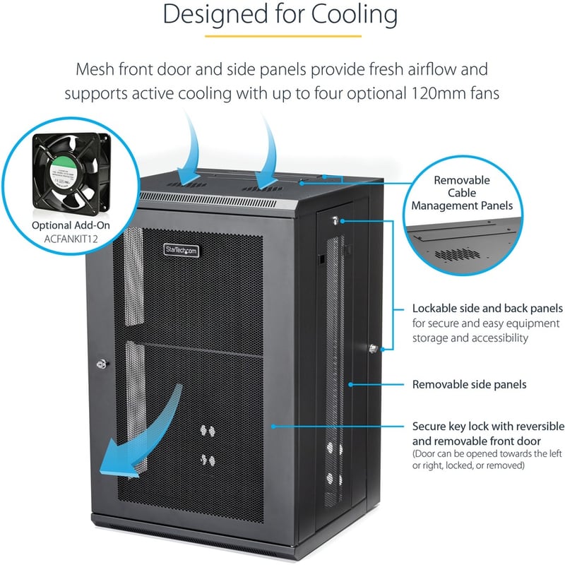 StarTech.com 4-Post 18U Wall Mount Network Cabinet, 19" Hinged Wall-Mounted Server Rack for Data / IT Equipment, Lockable Rack Enclosure - Thumbnail 4
