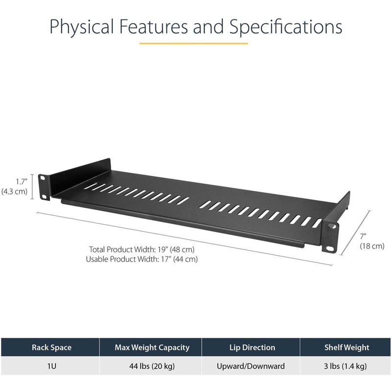 StarTech.com 1U Vented Server Rack Cabinet Shelf - Fixed 7in Deep Cantilever Rackmount Tray for 19" Data/AV/Network Enclosure w/Cage Nuts - Thumbnail 4