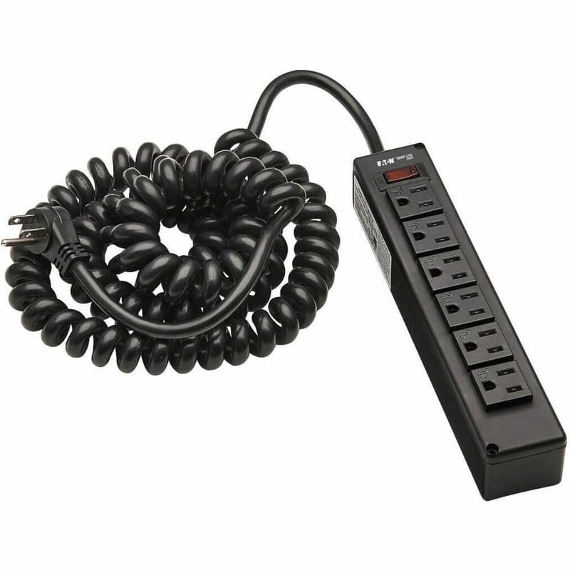 Tripp Lite by Eaton Safe-IT 6-Outlet Surge Protector - 10 ft. Spiral Cord, 5-15P Plug, 300 Joules, Antimicrobial Protection, Black