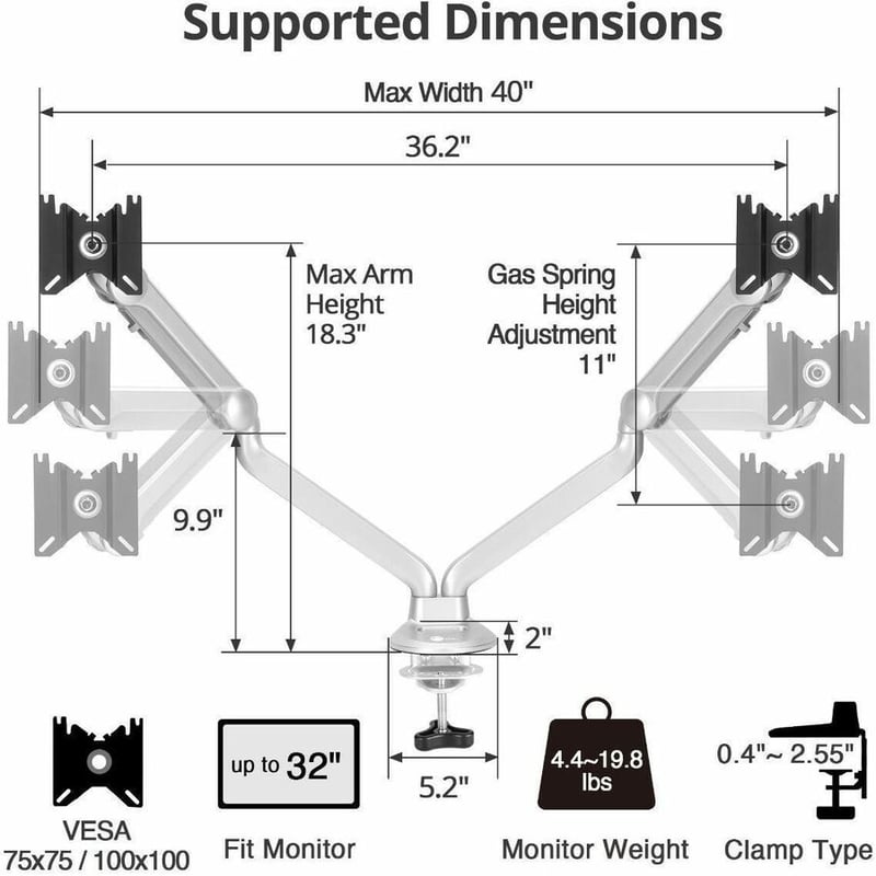 SIIG MTPRO Desk Mount Dual Gas Spring Monitor Arm - up to 32" Display - Max. Load 19.8 lbs - VESA 75 & 100mm - Thumbnail 3