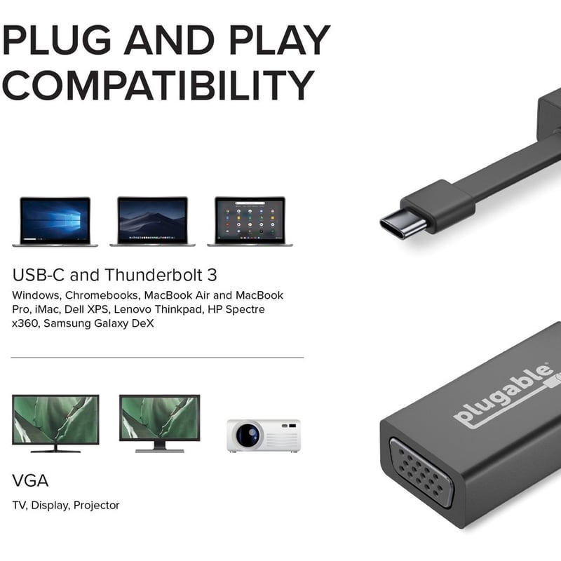 Plugable USB C to VGA Adapter, Thunderbolt 3 to VGA Adapter Compatible with Macbook Pro, Windows, Chromebooks, 2018 iPad Pro, Dell XPS, and more - Thumbnail 5