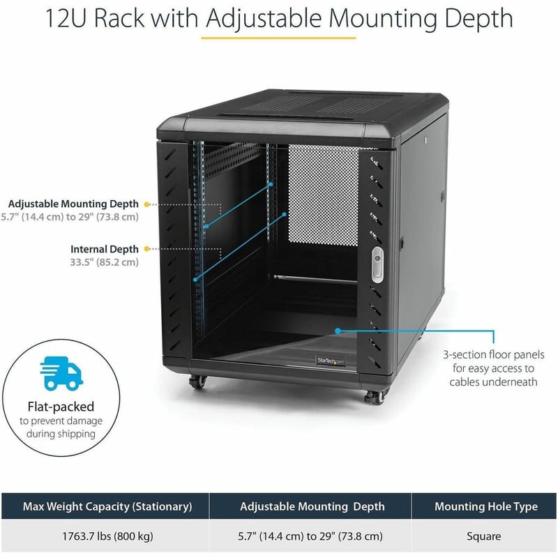 StarTech.com 12U 36in Knock-Down Server Rack Cabinet with Casters - Thumbnail 2