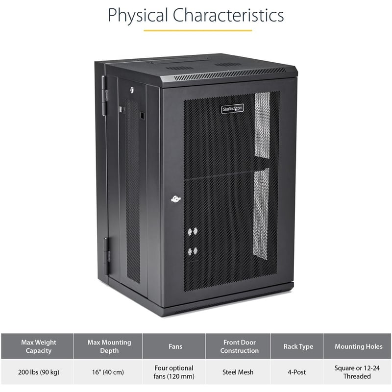 StarTech.com 4-Post 18U Wall Mount Network Cabinet, 19" Hinged Wall-Mounted Server Rack for Data / IT Equipment, Lockable Rack Enclosure - Thumbnail 5