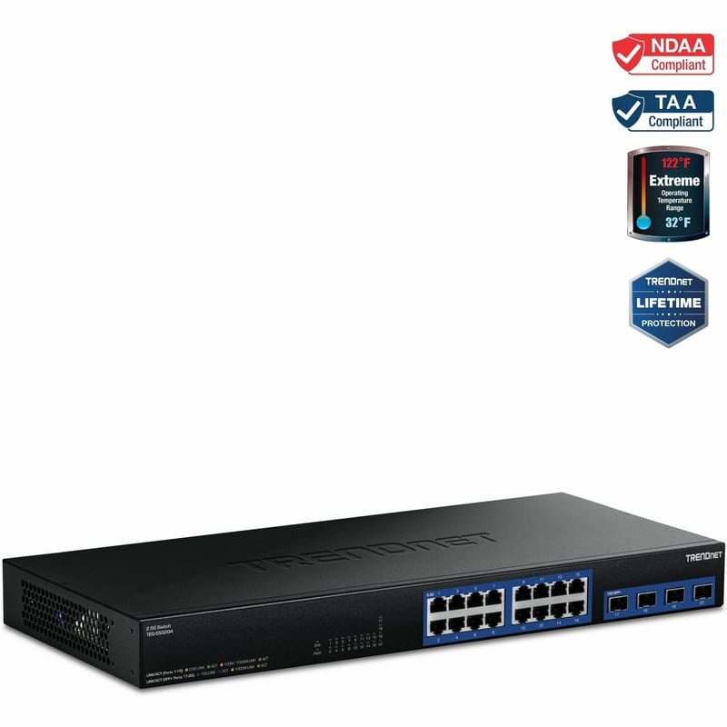 TRENDnet 20-Port 2.5G/Multi-Gig Switch with 10G SFP+ Ports, TEG-S50204, 16 x 2.5G RJ-45 Ports, 4 x 10G SFP+ Ports, 160Gbps, 1U Rack Mountable, NDAA TAA Compliant, Lifetime Protection, Black Visit the TRENDnet Store - Thumbnail 1