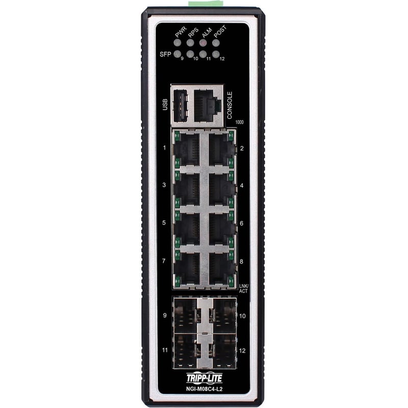 Tripp Lite by Eaton 8-Port Managed Industrial Gigabit Ethernet Switch - Layer 2, 10/100/1000 Mbps, 4 GbE SFP Ports, -40 to 75C, DIN Mount - TAA Compliant - Thumbnail 1
