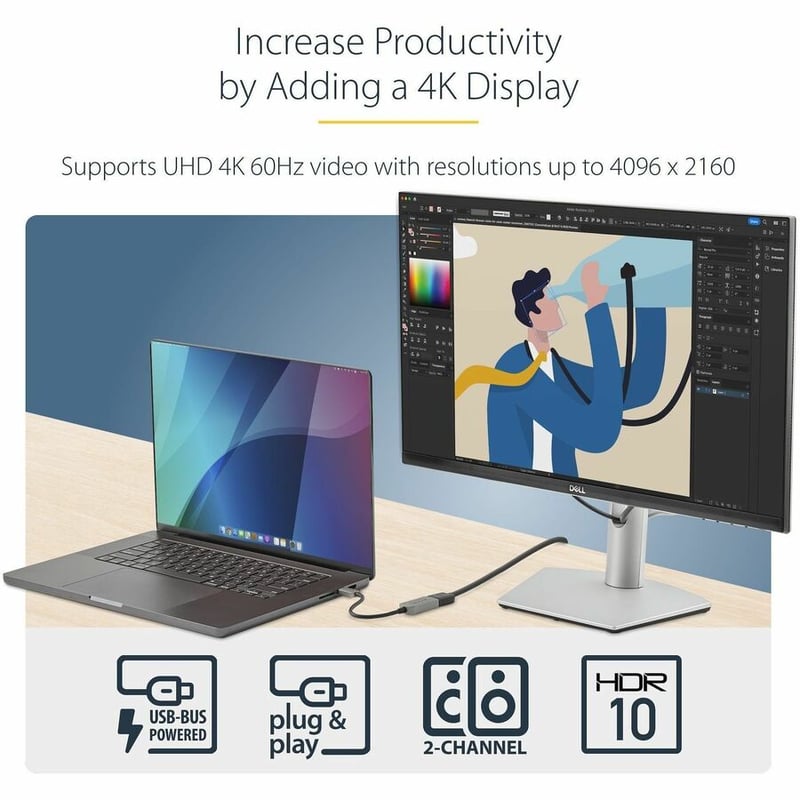 StarTech.com USB C to HDMI Adapter Dongle, 4K 60Hz, HDR10, USB-C to HDMI 2.0b Converter, USB Type-C DP Alt Mode to HDMI Monitor/Display - Thumbnail 2