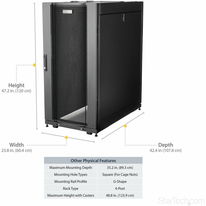 StarTech.com 4-Post 25U Server Rack Cabinet, 19" Data Rack Cabinet for Computer / IT Equipment, Home Network Rack, Half Height Server Rack - Thumbnail 5