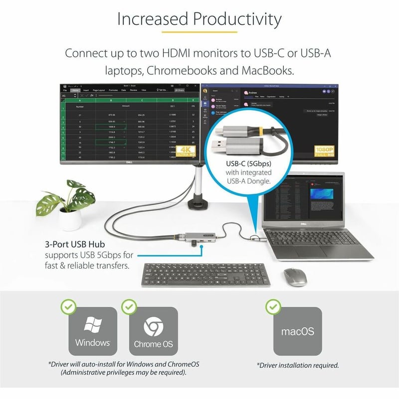 StarTech.com USB-C Multiport Adapter w/Attached USB-C to USB-A Dongle, Dual HDMI 4K/1080, 3x USB, Mini Laptop Docking Station, Travel Dock - Thumbnail 2