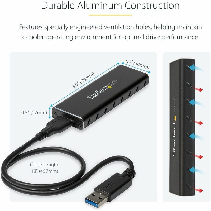 StarTech.com M.2 SSD Enclosure for M.2 SATA SSDs - USB 3.0 (5Gbps) with UASP - External M.2 SSD Enclosure - Aluminum - Thumbnail 2