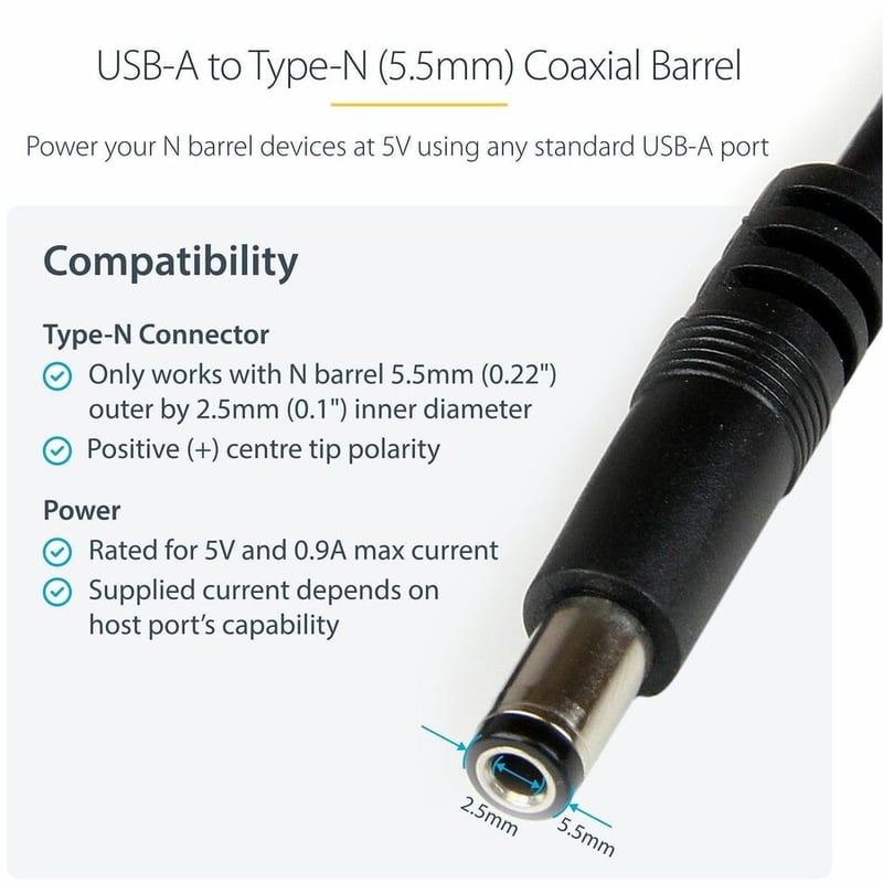 StarTech.com 1m USB to Type N Barrel 5V DC Power Cable - USB A to 5.5mm DC - Thumbnail 2
