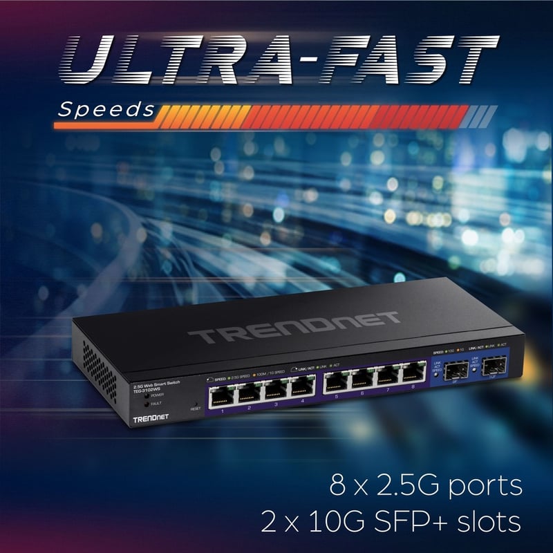 TRENDnet 10-Port Multi-Gig Web Smart Switch, 8 x 2.5GBASE-T Ports, 2 x 10G SFP+ Slots, Metal Housing, Managed Network Ethernet Switch, Lifetime Protection, Black, TEG-3102WS - Thumbnail 5