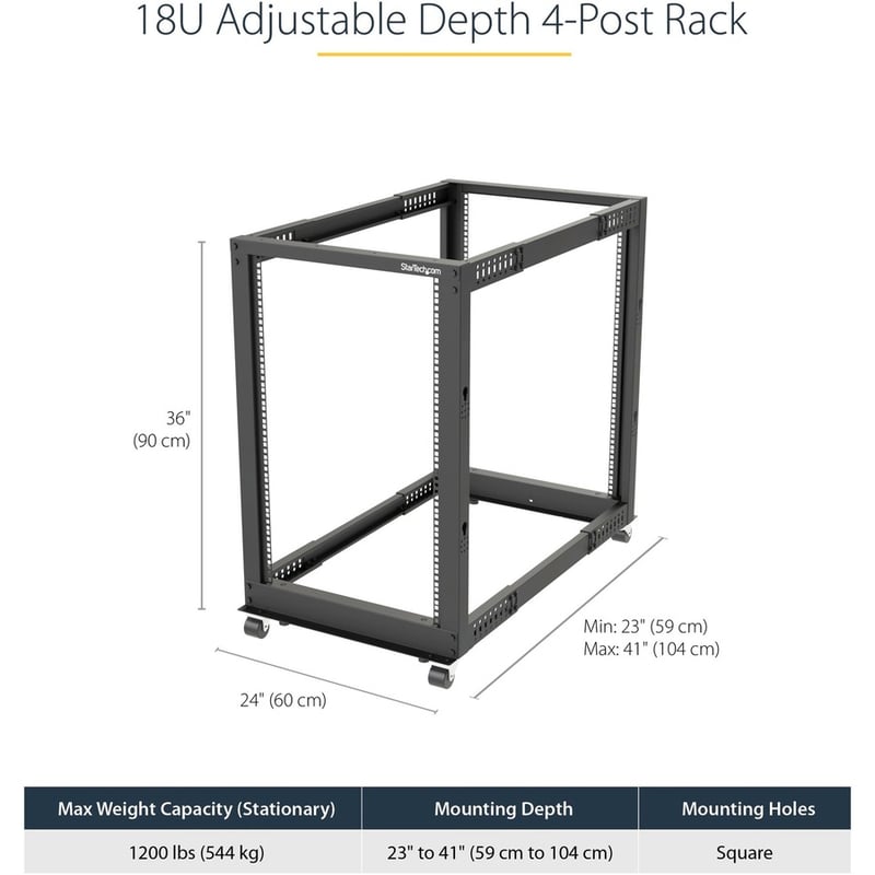 StarTech.com 4-Post 18U Mobile Open Frame Server Rack, 19" Network Rack with Casters, Rolling Rack for Computer/AV/Data/IT Equipment - Thumbnail 4