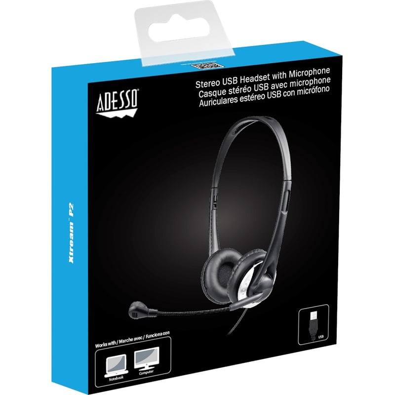 Adesso USB Stereo Headset with Adjustable Microphone- Noise Cancelling- Mono - USB - Wired - Over-the-head - 6 ft Cable -, Omni-directional Microphone - Black - Thumbnail 1