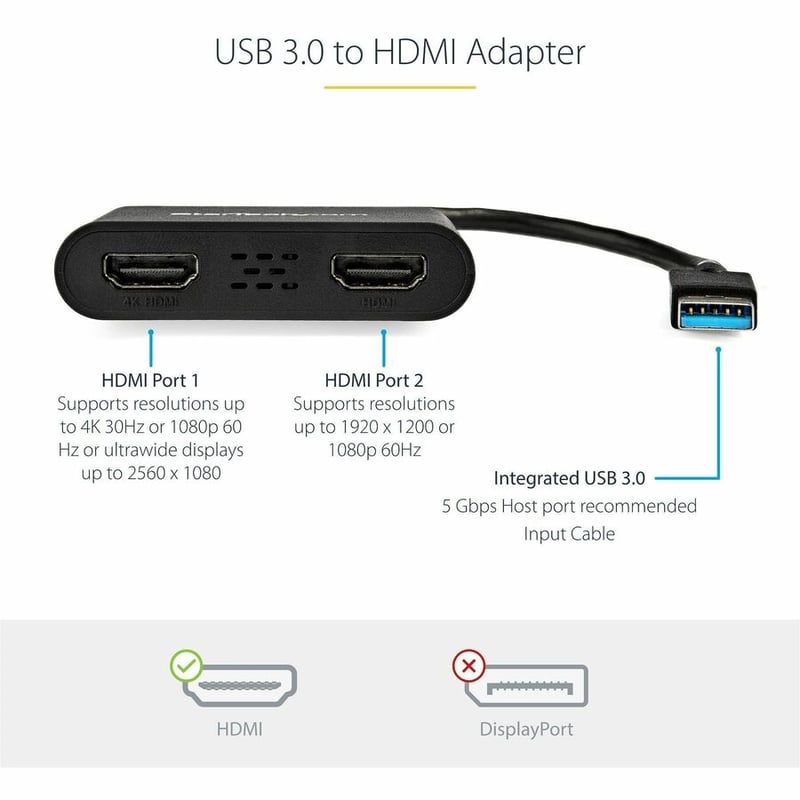 StarTech.com USB 3.0 to Dual HDMI Adapter, 1x 4K & 1x 1080p, External Graphics Card, USB Type-A Dual Monitor Display Adapter, Windows Only - Thumbnail 4