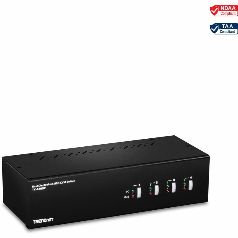 TRENDnet 4-Port Dual Monitor DisplayPort KVM Switch With Audio, 2-Port USB 2.0 Hub, 4K UHD Resolution Up To 3840 x 2160, Connect 4 DisplayPort Monitors, Dual Monitor 4 Port KVM Switch, Black, TK-440DP - Thumbnail 1
