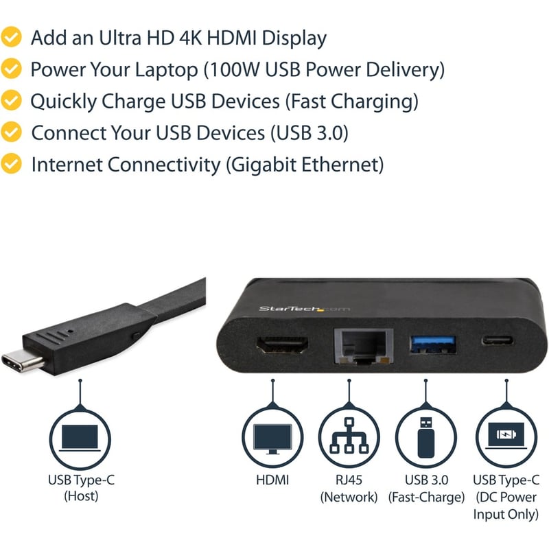 StarTech.com USB C Multiport Adapter - USB-C Travel Dock to 4K HDMI, 100W PD 3.0 Pass-Through, USB-A USB-C, GbE - Portable USB Type-C Dock - Thumbnail 3