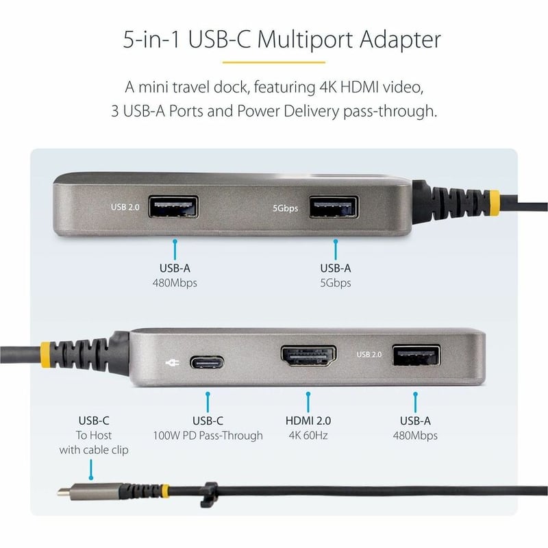 StarTech.com USB-C Multiport Adapter, 4K 60Hz HDMI, 3-Port USB Hub, 100W Power Delivery Pass-Through, Mini Dock, Windows/macOS/ChromeOS - Thumbnail 3