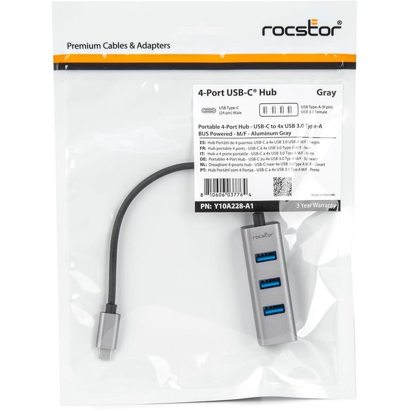 Rocstor Premium Portable 4 Port Aluminum Hub - USB-C to 4x USB-A Hub - USB 3.0 Hub - Bus Powered - USB C to USB Type-A Hub - USB Type C - External - USB-C 3.1 to 4 USB Type-A 3.0 Port(s) USB-A - For MacBook, MacBook Air© - Thumbnail 5