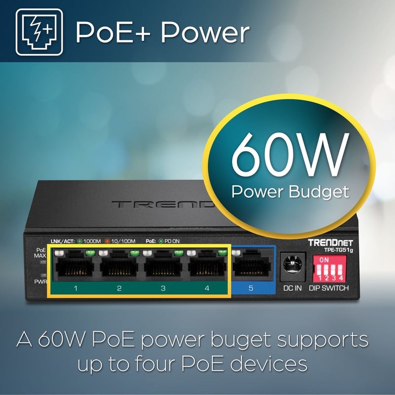 TRENDnet 5-Port Gigabit PoE+ Switch, Camera DIP Switch extends PoE+ 200m (656 ft.), 60W PoE Budget, Black, TPE-TG51g - Thumbnail 3
