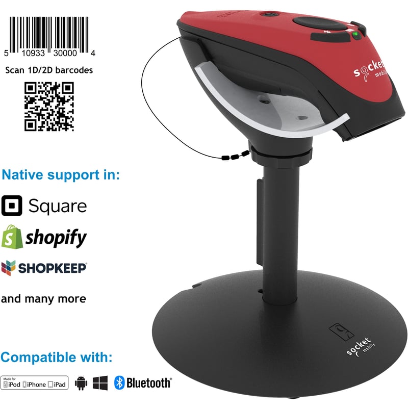 Socket Mobile DuraScan® D740, Universal Barcode Scanner, Red & Charging Stand - Thumbnail 1
