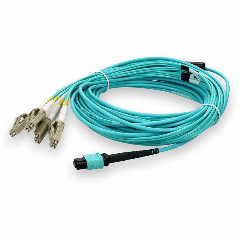 AddOn 15m MPO/UPC to 4xLC/UPC Duplex Aqua OM4 OFNP (Plenum-Rated) 8-Strand Fiber Fanout Cable - Thumbnail 1