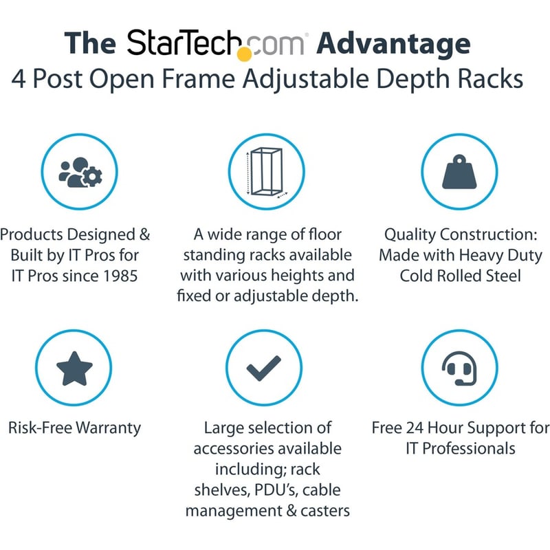 StarTech.com 4-Post 18U Mobile Open Frame Server Rack, 19" Network Rack with Casters, Rolling Rack for Computer/AV/Data/IT Equipment - Thumbnail 2