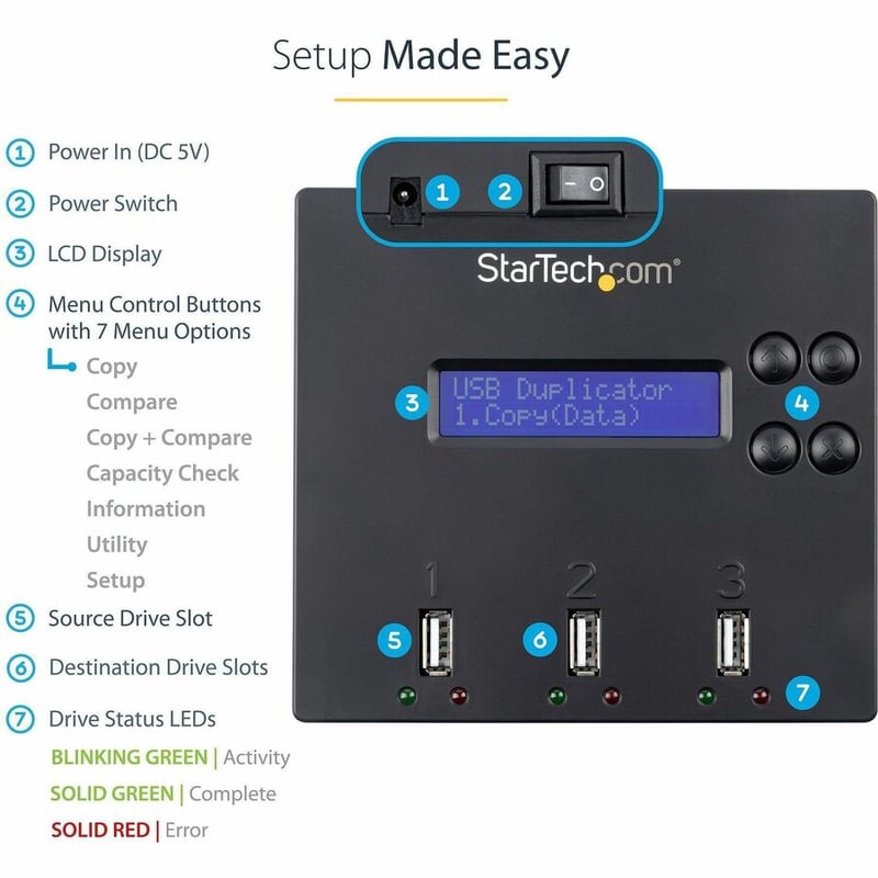 StarTech.com Standalone 1 to 2 USB Thumb Drive Duplicator/Eraser, Multiple USB Flash Drive Copier/Cloner, Sector-by-Sector Copy, Sanitizer - Thumbnail 4