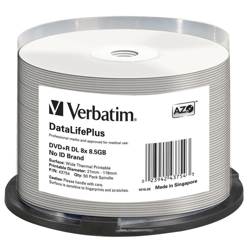 Verbatim DVD+R DL 8.5GB 8X DataLifePlus White Thermal Printable, Hub Printable - 50pk Spindle - Thumbnail 1