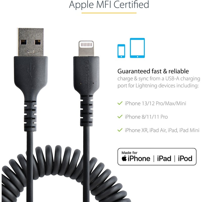 StarTech.com 50cm/20in USB to Lightning Cable, MFi Certified, Coiled iPhone Charger Cable, Black, Durable TPE Jacket Aramid Fiber - Thumbnail 5