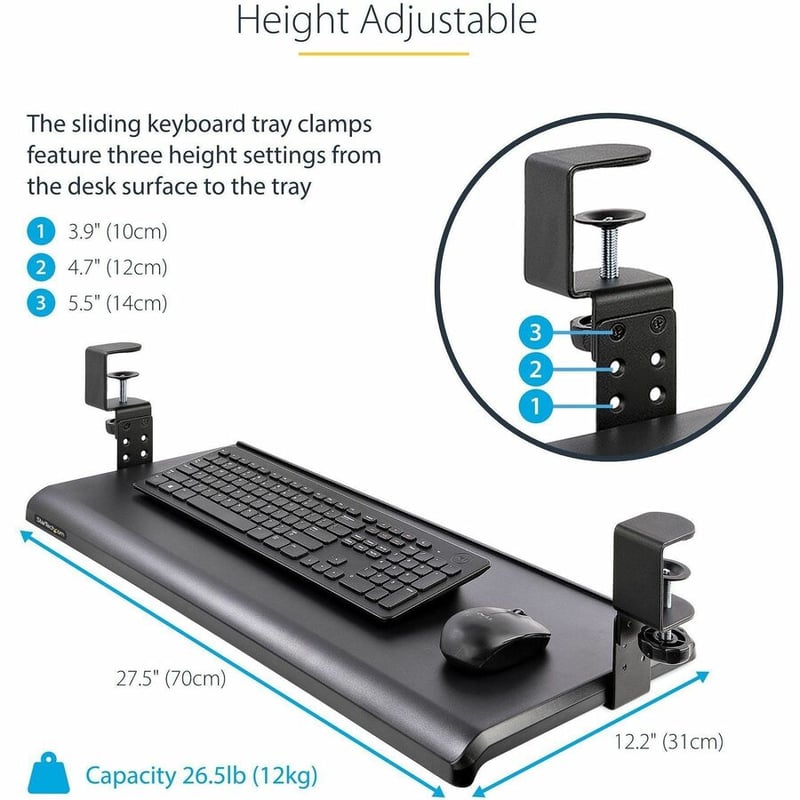 StarTech.com Under Desk Keyboard Tray, Clamp on Keyboard Holder, Up to 12kg/26.5lb, Height Adjustable, Ergonomic Sliding Keyboard Drawer - Thumbnail 2