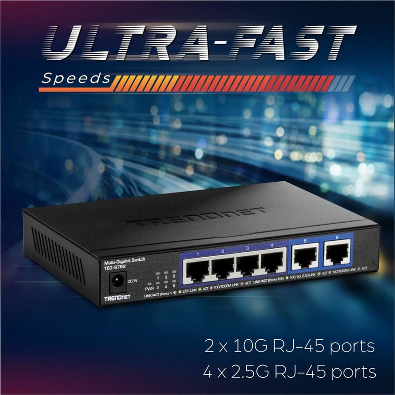 TRENDnet 6-Port 10G Switch, 4 x 2.5G RJ-45 Base-T Ports, 2 x 10G RJ-45 Ports, 60Gbps Switching Capacity, Wall Mountable, 10 Gigabit Network Connections, Lifetime Protection, Black, TEG-S762 - Thumbnail 3