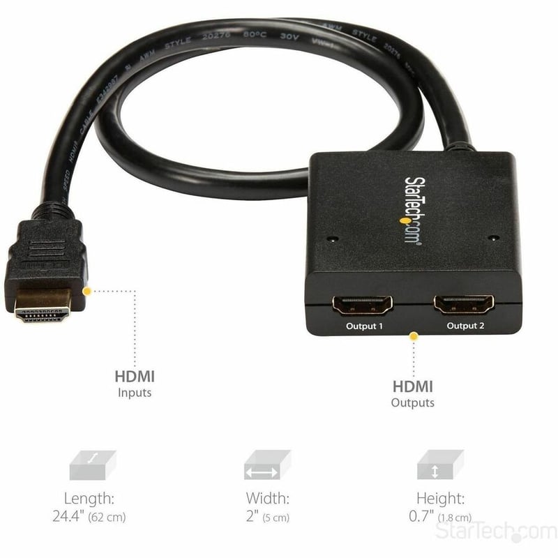 StarTech.com HDMI Splitter 1 In 2 Out - 4k 30Hz - 2 Port - Supports 3D video - Powered HDMI Splitter - HDMI Audio Splitter - Thumbnail 5