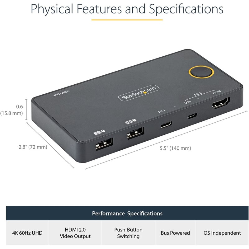 StarTech.com 2 Port Hybrid USB-A + HDMI & USB-C KVM Switch, Single 4K 60Hz HDMI 2.0 Monitor, Compact Desktop and/or Laptop HDMI KVM Switch - Thumbnail 5