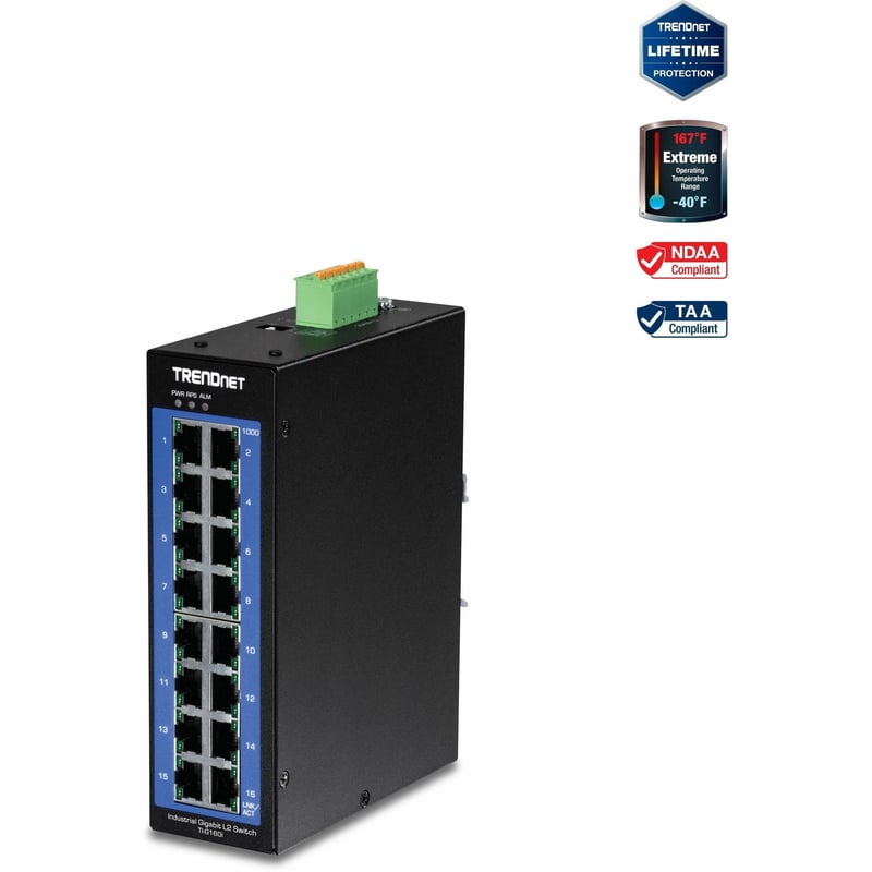 TRENDnet 16-Port Industrial Gigabit L2 Managed DIN-Rail Switch, Layer 2 Switch, 16 x Gigabit Ports, 32Gbps Switching Capacity, Extreme Temperature Gigabit Switch, Lifetime Protection, Black, TI-G160i - Thumbnail 1
