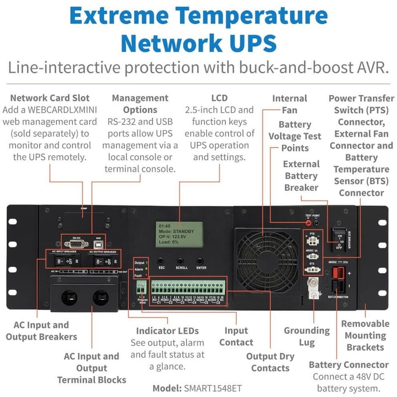 Tripp Lite by Eaton UPS 120VAC 48VDC 1500VA 1200W Extreme Temperature Network UPS for Industrial and Traffic Networks 3U Hardwire - Thumbnail 2