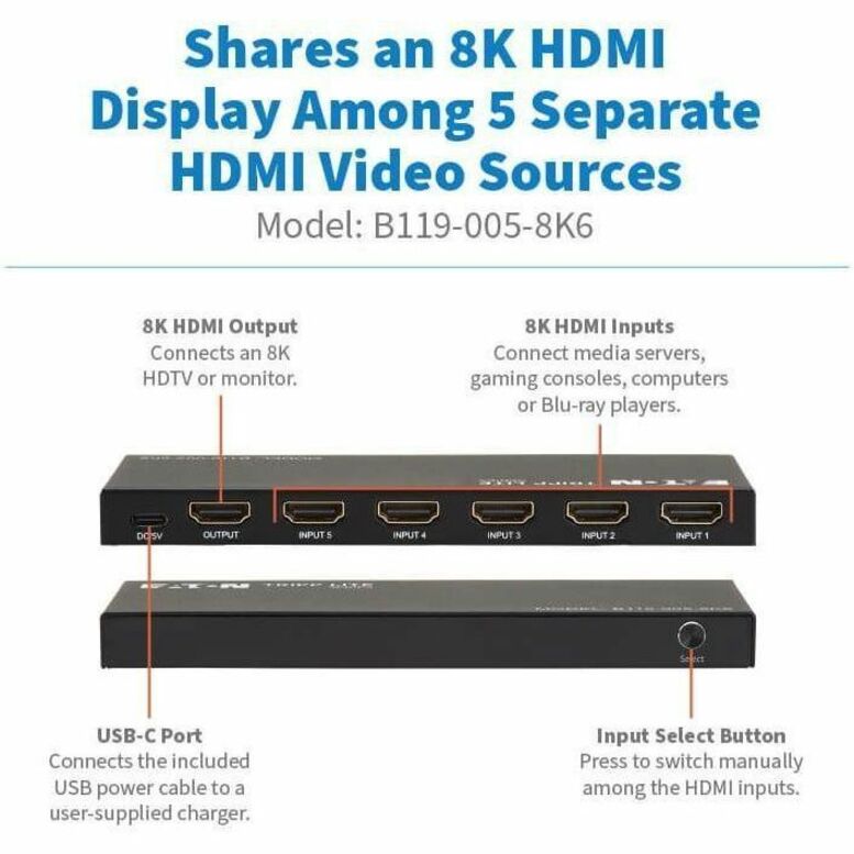 5-PORT HDMI SWITCH W REMOTE 8K60HZ UHD 4:4:4 HDR10+ HDCP 2.3 - Thumbnail 4