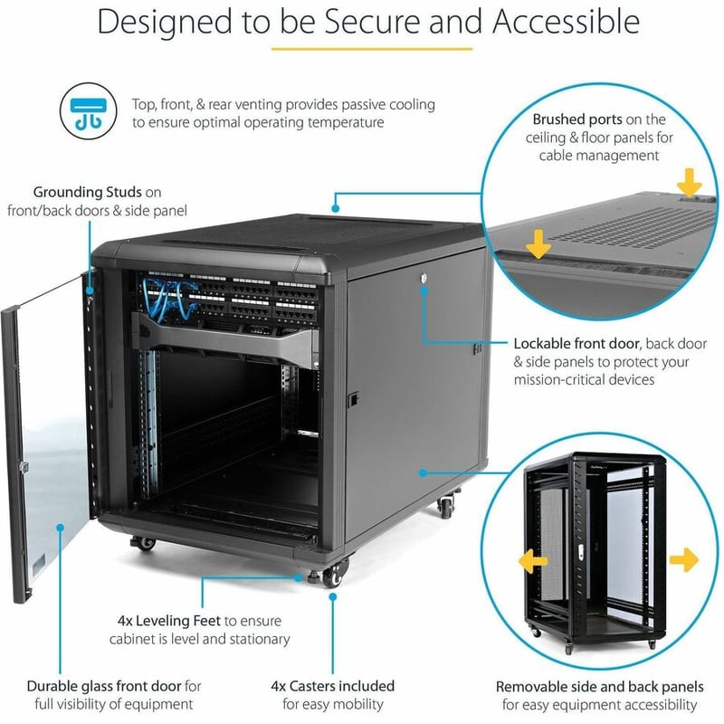StarTech.com 12U 36in Knock-Down Server Rack Cabinet with Casters - Thumbnail 3