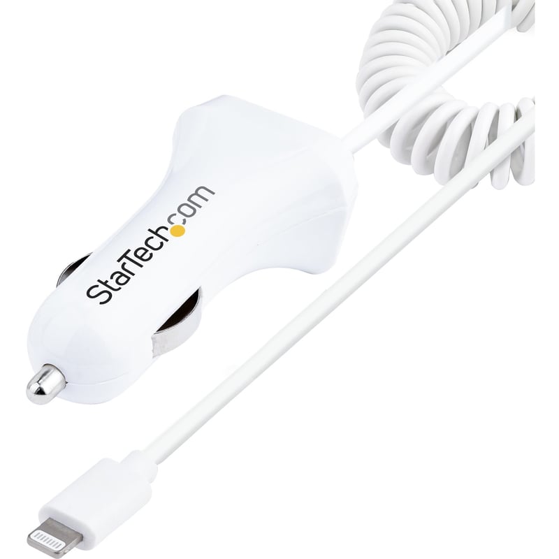 StarTech.com Lightning Car Charger with Coiled Cable, 1m Built-in Cable, 12W, White, 2 Port USB Car Charger Adapter, In Car iPhone Charger - Thumbnail 1