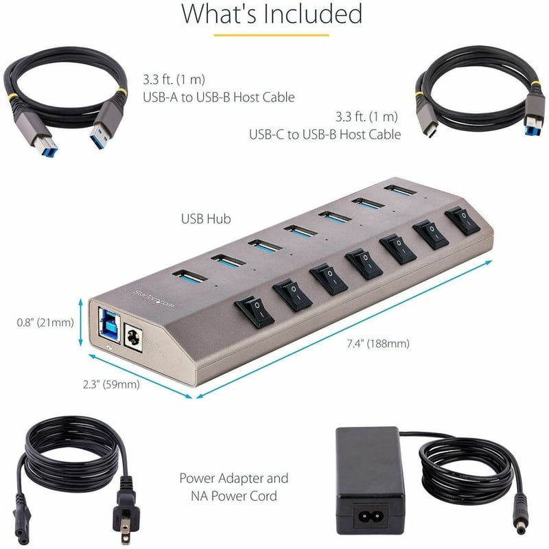 StarTech.com 7-Port Self-Powered USB-C Hub with Individual On/Off Switch, Desktop/Laptop USB-C to USB-A Hub, USB Type C Hub w/Power Supply - Thumbnail 3