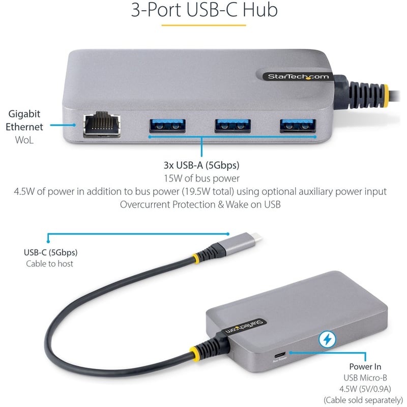 StarTech.com 3-Port USB-C Hub with Ethernet, 3x USB-A Ports, GbE, 5Gbps, Bus-Powered, 1ft/30cm Cable, Portable USB Type-C Expansion Hub - Thumbnail 2