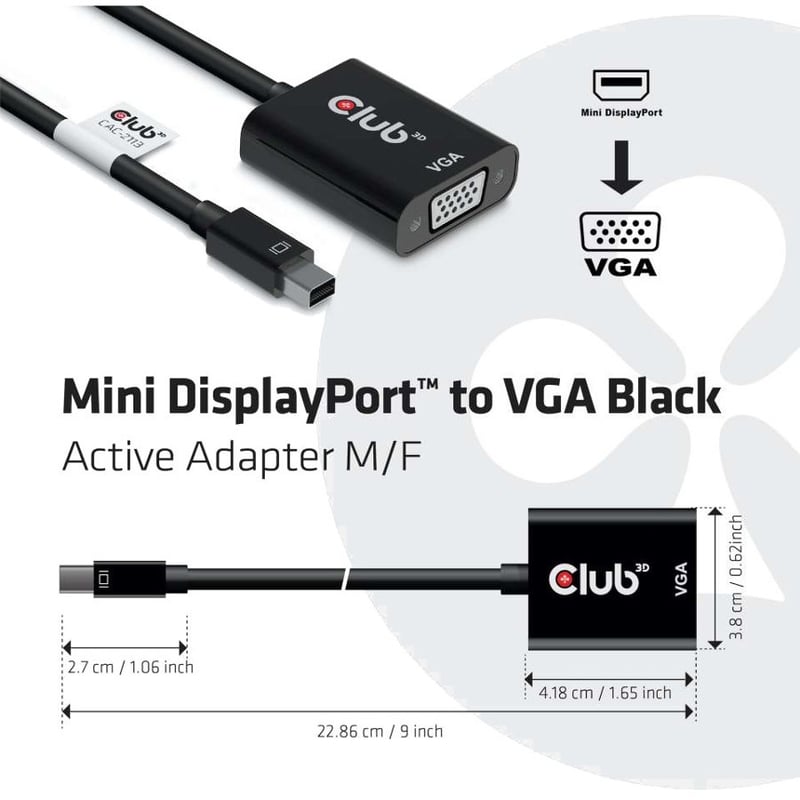 Club 3D MiniDisplayPort to VGA Black Active Adapter M/F - Thumbnail 3