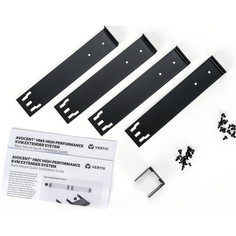 Vertiv Rackmount kit for two Vertiv Avocent HMX 5000/6000 High Performance KVM Systems contains metal brackets and screws. - Thumbnail 3
