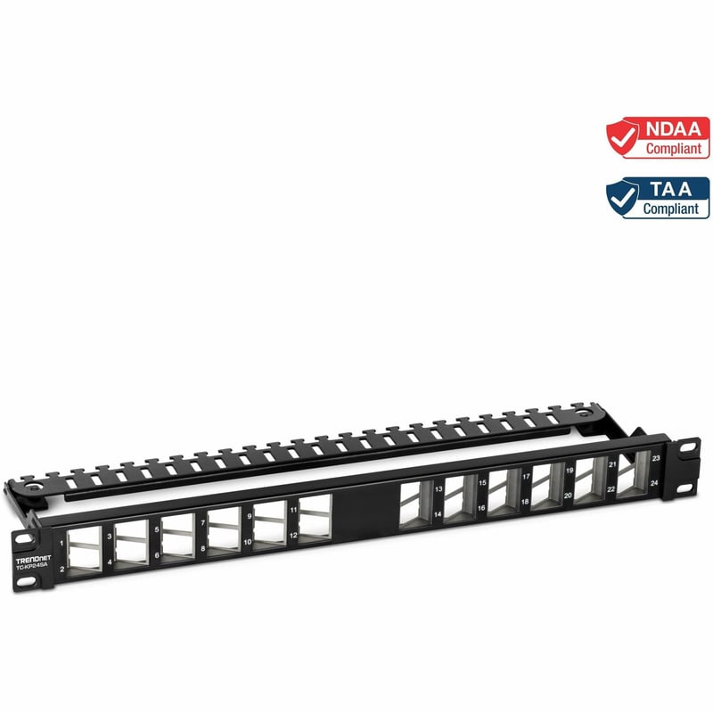 TRENDnet 24-Port Blank Angled Keystone Shielded 1U Patch Panel, TC-KP24SA, STP, Cat6A, Cat5, Cat5e, Cat6, 19" Rackmount Design, Black - Thumbnail 1
