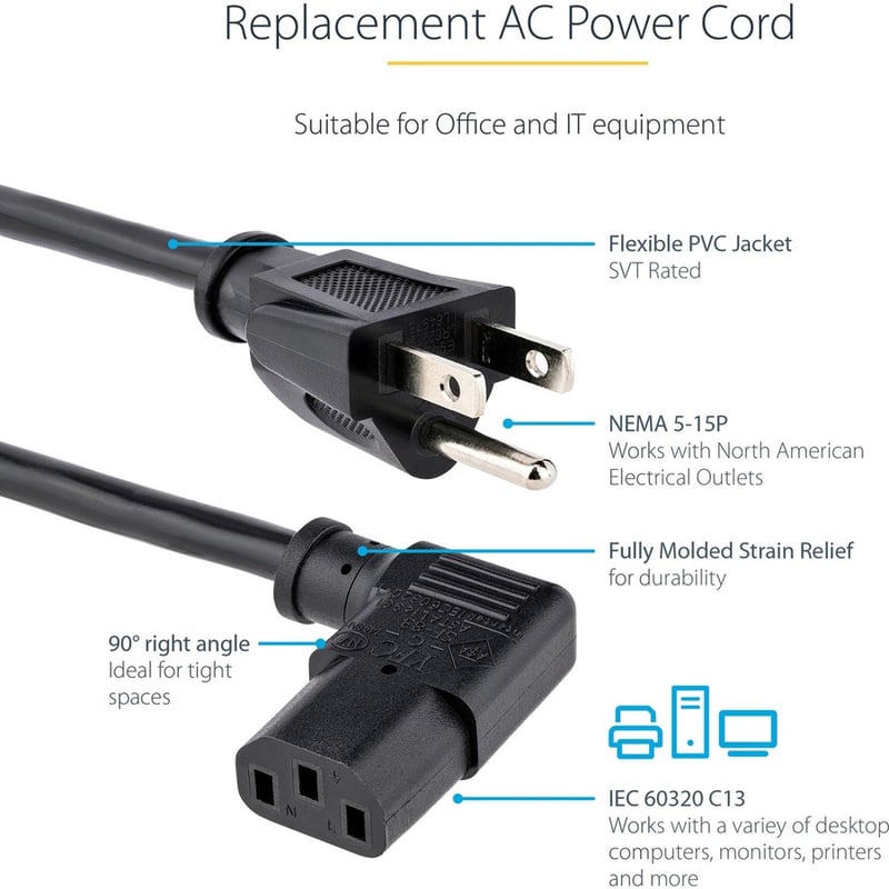 StarTech.com 6ft (1.8m) Computer Power Cord, NEMA 5-15P to Right Angle C13, 10A 125V, 18AWG, Replacement AC Power Cord, Monitor Power Cable - Thumbnail 3