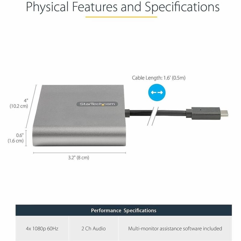 StarTech.com USB C to 4 HDMI Adapter, External Graphics Card, 1080p, USB Type-C to Quad HDMI Monitor Display Adapter/Converter, Windows - Thumbnail 3