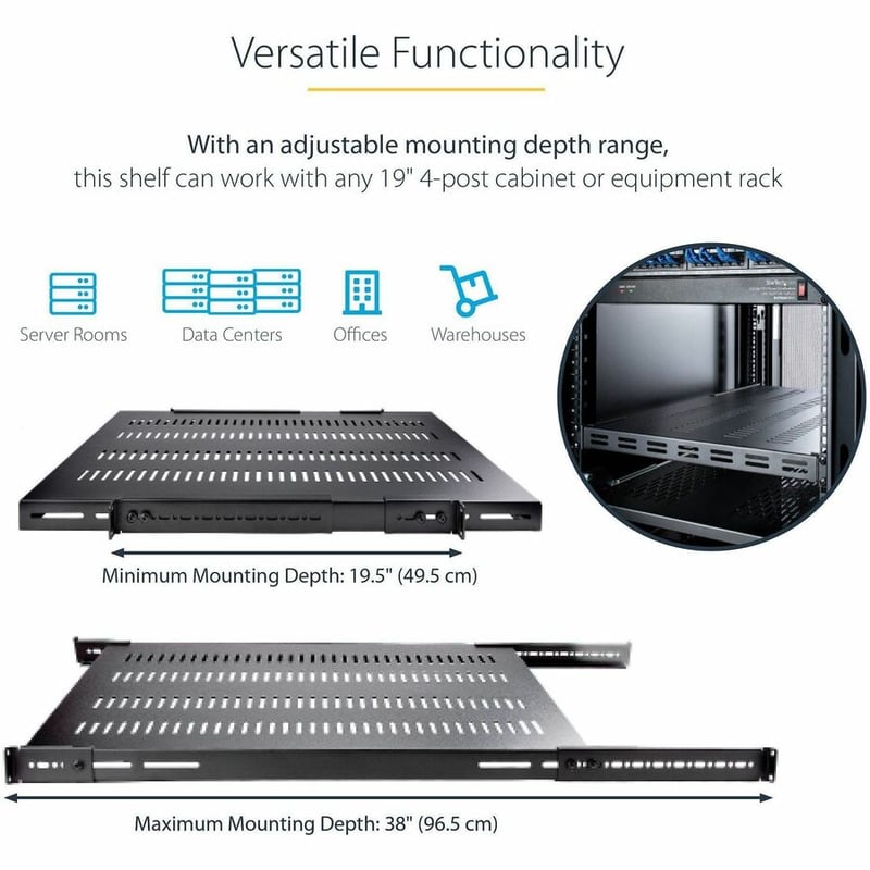 StarTech.com 1U 4-Post 19.5 to 38in Adjustable Mounting Depth Vented Rack Mount Shelf - Heavy Duty Fixed Rack Shelf - 330lbs / 150kg - 27.5in Deep - Thumbnail 4