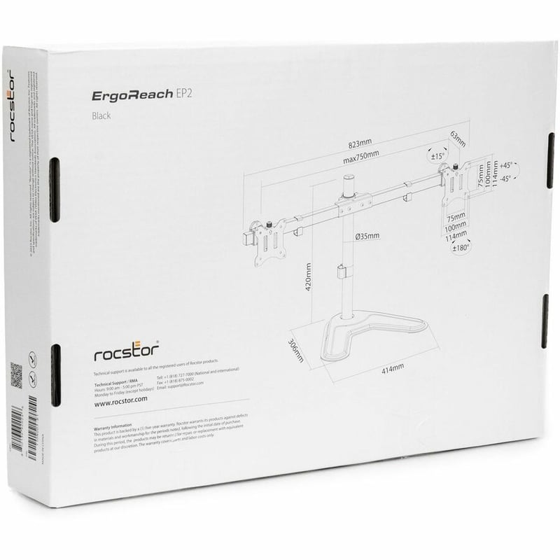 Rocstor ErgoReach Mounting Pole for Flat Panel Display - Black - Landscape/Portrait