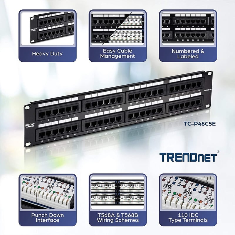 TRENDnet 48-Port Cat5-5e RJ-45 UTP Unshielded Patch Panel, Wallmount Or Rackmount, 100Mhz, Cat5e Krone Connectors, Color-Coded Labeling, Cat3,Cat5e,Cat4,Cat3 Compatible, 2U Rackmount, Black, TC-P48C5E - Thumbnail 2