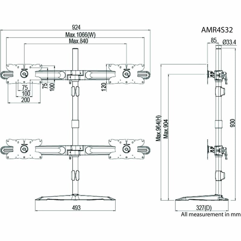 Amer Mounts Quad Monitor Stand Mount Supports Flat Panel Size up to 32" AMR4S32 - Thumbnail 3