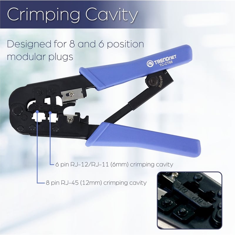 TRENDnet Crimping Tool, Crimp, Cut, And Strip Tool, For Any Ethernet or Telephone Cable, Built-In Cutter And Stripper, 8P-RJ-45 And 6P-RJ-12, RJ-11, All Steel Construction, Black, TC-CT68 - Thumbnail 4